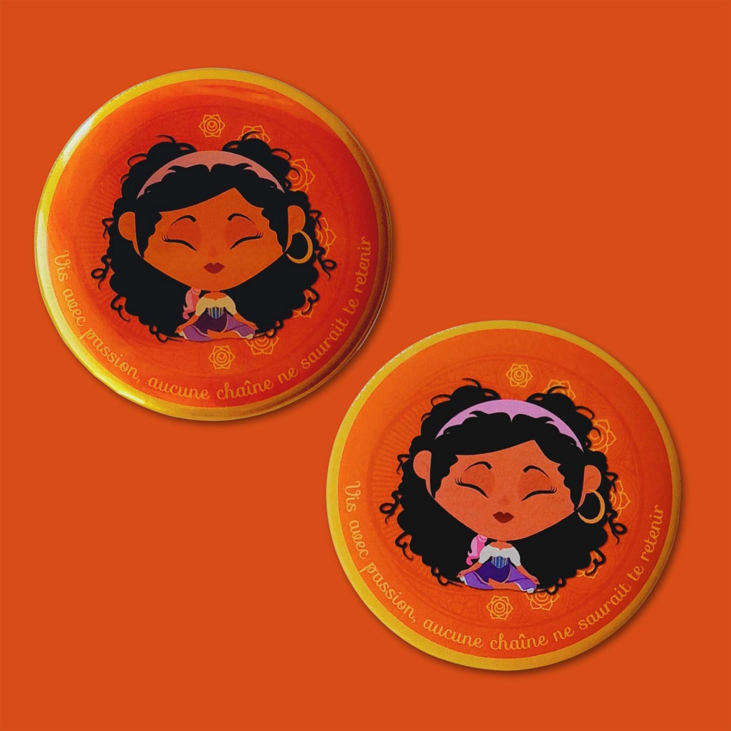 Magnet Mantrâme Chakra Sacré – Illustration colorée avec message inspirant “Vis avec passion, aucune chaîne ne saurait te retenir”