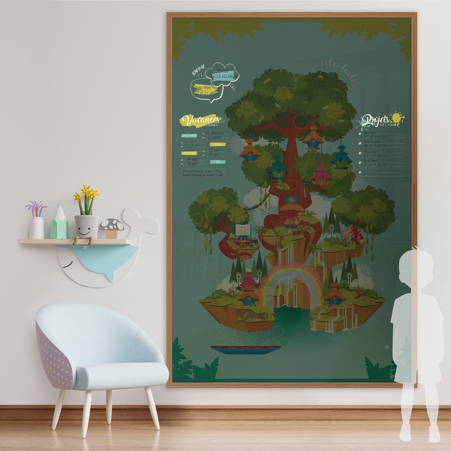Zone de communication pour les familles – rappels, projets et vacances affichés sur la fresque Séquoia